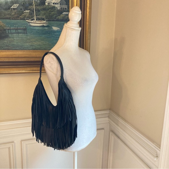 ZARA Black Faux Leather Fringe Shopper Hobo Handbag - Picture 5 of 11